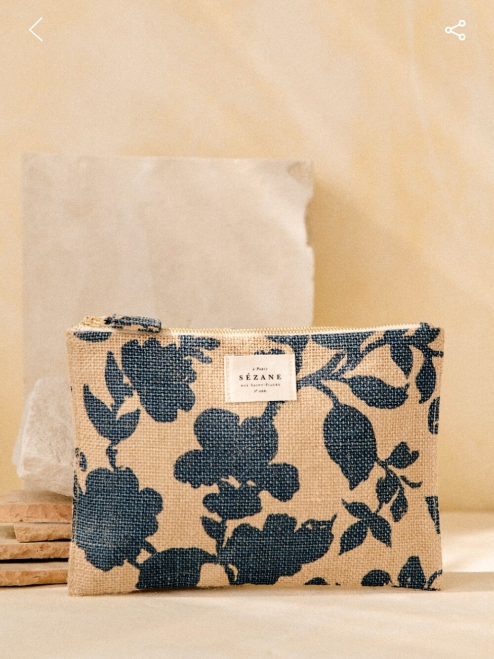 Sezane Large Flat Blue Floral Cosmetic Bag